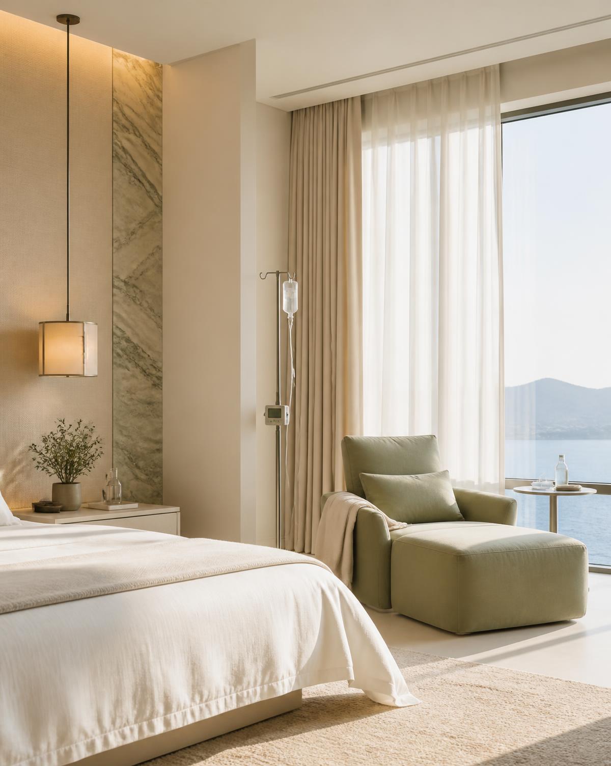 Sunlit luxury suite with a discreet IV drip stand beside a sage lounge chair